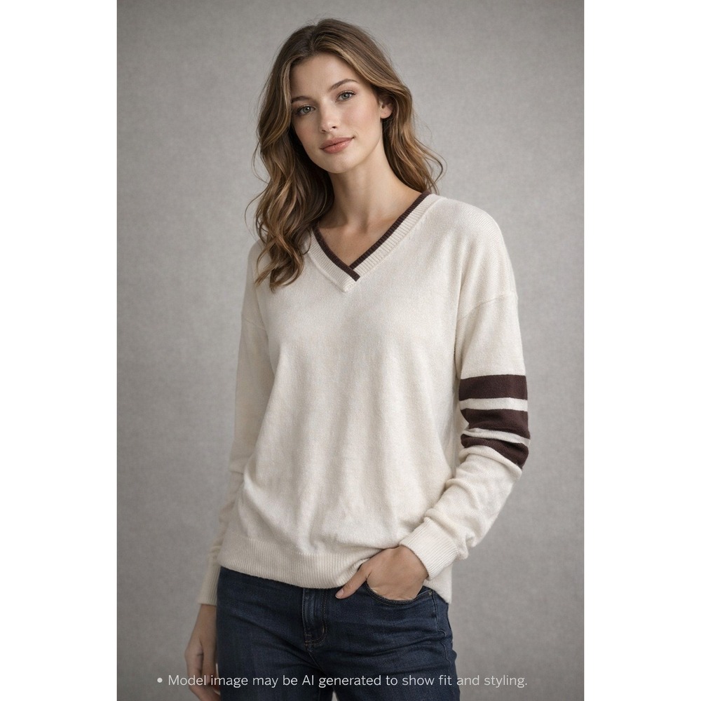 Cream Varsity Stripe V Neck Sweater Women's L Preppy